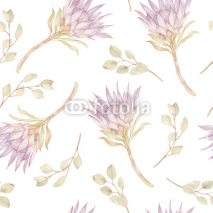 Fototapety Watercolor branches protea and  eucalyptes leaves pattern. Seamless floral motif. Vector ilustration