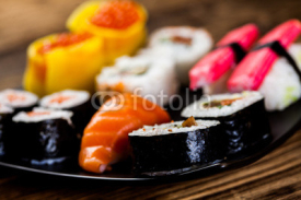 Naklejki Decorative composition with sushi, Japanese seafood