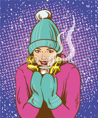 Beautiful girl in warm hat and gloves holding hot drink. Winter warmup concept retro comic pop art style