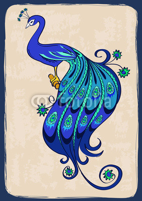 Illustration with stylized ornamental peacock