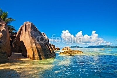 Seascape view with a huge stones, Seychelles, LaDigue island