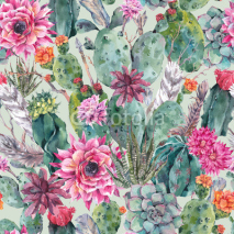 Fototapety Cactus watercolor seamless pattern in boho style. 