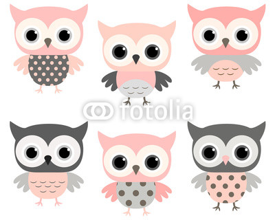 Cute pink and grey stylized owls vector set for kids designs