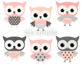 Naklejki Cute pink and grey stylized owls vector set for kids designs