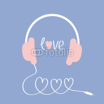Headphones and cord in shape of three hearts. Word love. White background. Isolated. Flat design. Serenity, pink rose quartz color.