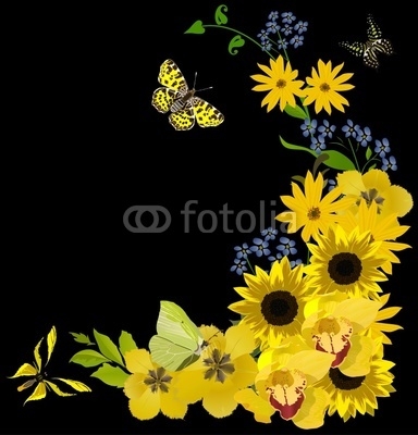 yellow butterflies and flower corner on black