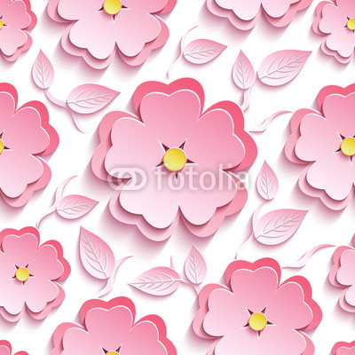 Floral seamless pattern with 3d sakura and leaves