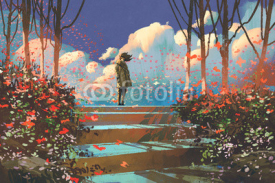man standing on top of the steps in the park with crowd of butterflies,illustration painting