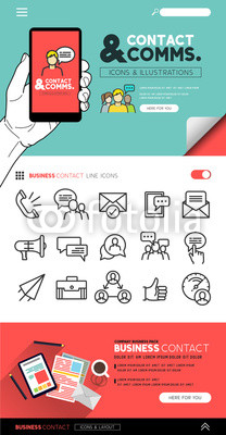 Contact and communication with flat icon set and illustrations - vector collection.