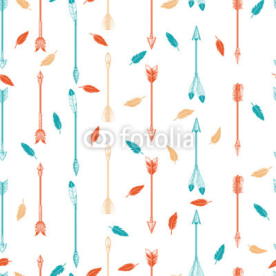 Colorful boho seamless pattern with arrows and feathers. Vector illustration