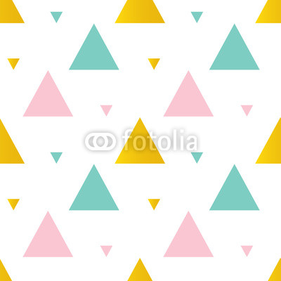 Cute pink, mint green and gold triangles seamless pattern background.