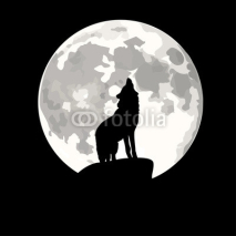 Square illustration of wolf howling at moon.