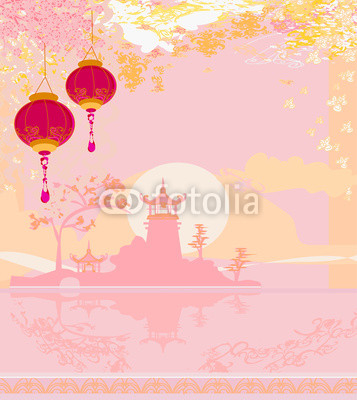 old paper with Asian Landscape and Chinese Lanterns
