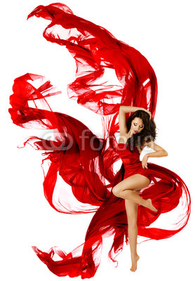 Woman dancing in red dress, fashion model waving dance
