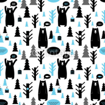 Naklejki Seamless pattern with forest and bears. Vector background with b
