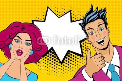 Wow couple. Attractive surprised man and woman in pop art comic retro style with open mouths. Vector cartoon illustration.