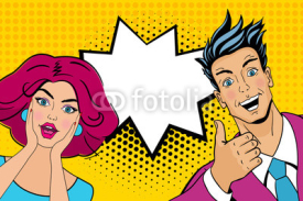 Naklejki Wow couple. Attractive surprised man and woman in pop art comic retro style with open mouths. Vector cartoon illustration.