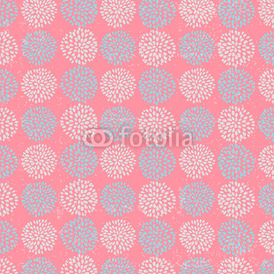 Vector floral pattern with beautiful blue circle flowers, made of petals on pink background.