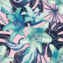 Fototapety blue lily and leaves seamless background