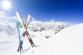 Fototapety Ski , mountains and ski equipments on ski run
