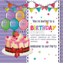 happy birthday party invitation with balloons air and sweet cake