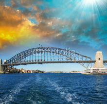 Sydney. Stunning view of famous Harbour Bridge from the sea