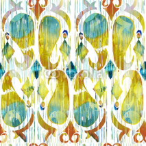 Obrazy i plakaty Watercolor green ikat vibrant seamless pattern. Trendy tribal  in watercolour style. Peacock feather.