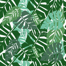 Fototapety Tropical leaves seamless pattern. Green palm leaves background. Jungle illustration.