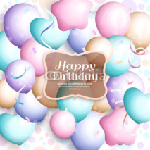 Happy birthday greeting card. Retro vintage pastel party balloons, streamers, transparent frame with stylish lettering. Vector.