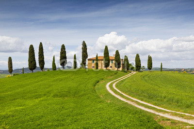 Rural house with cypress trees around, Tuscany, Italy