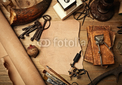 Set of old fashion elements with piece of leather and tattoo mac