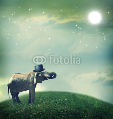 Elephant with top hat on fantasy landscape