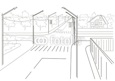 Linear architectural sketch residential streets crossroad