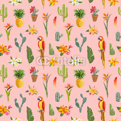Toucan Parrot. Tropical Flowers Background. Retro Seamless Pattern