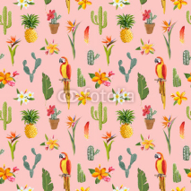 Fototapety Toucan Parrot. Tropical Flowers Background. Retro Seamless Pattern