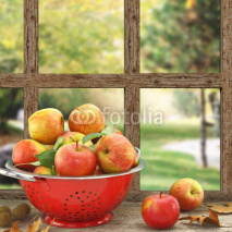 Apples in colander on wooden window with view