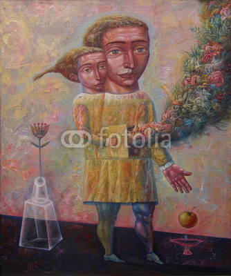 The Adam and Eve/The  allegory of the  Fall and еxpulsion from the Garden of Eden. The fantastic realism. Acrylic painting on canvas.