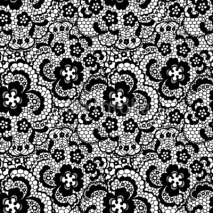 Fototapety Lace black seamless pattern with flowers on white background