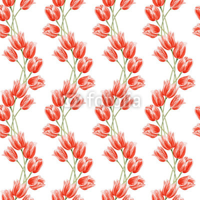 Watercolor seamless floral background with red tulips