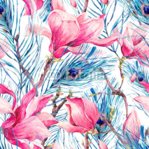Seamless Pattern with Magnolia and Peacock Feather