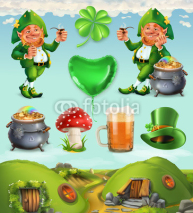 Feast of Saint Patrick. Fairy Tale Village. Leprechaun house 3d vector icon set