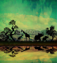 Naklejki Safari in Africa silhouette of wild animals reflection in water